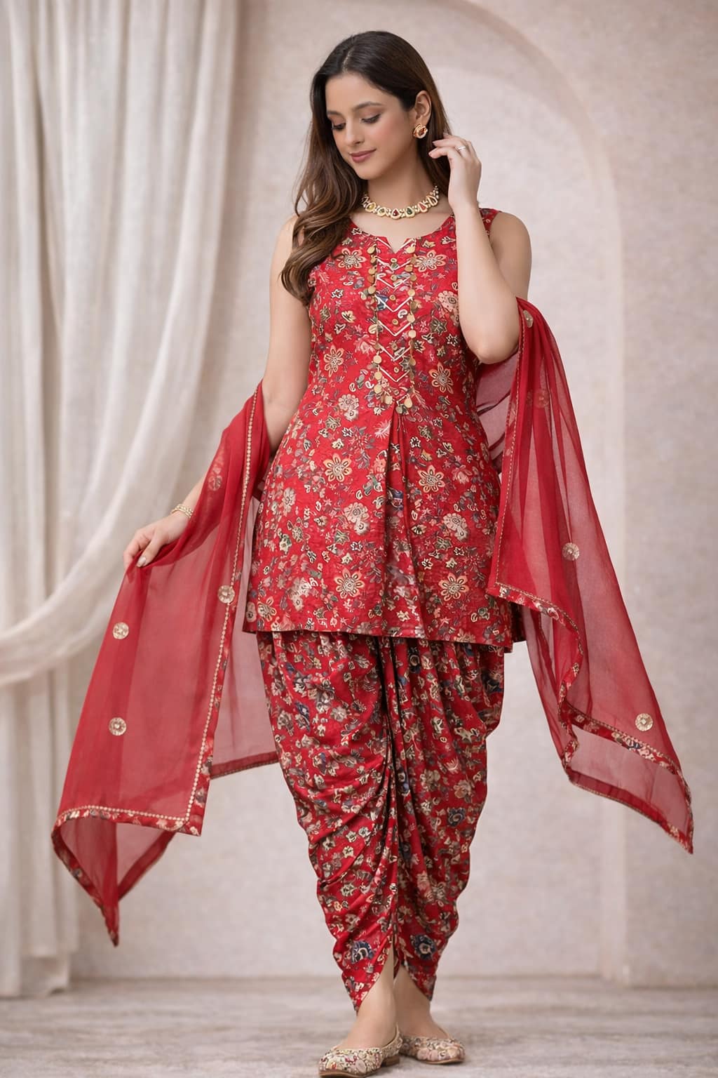 Advita Crimson Red Printed Dhoti Suit with Dupatta