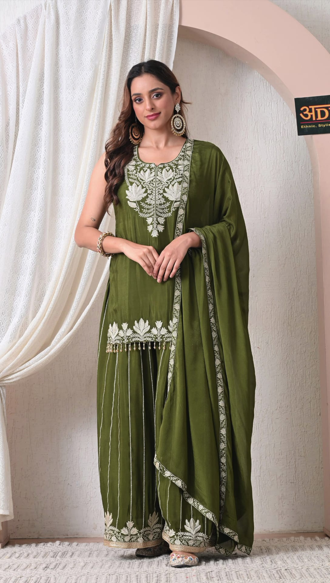 Advita Olive Green Chinon Party Wear Sharara Set for Women