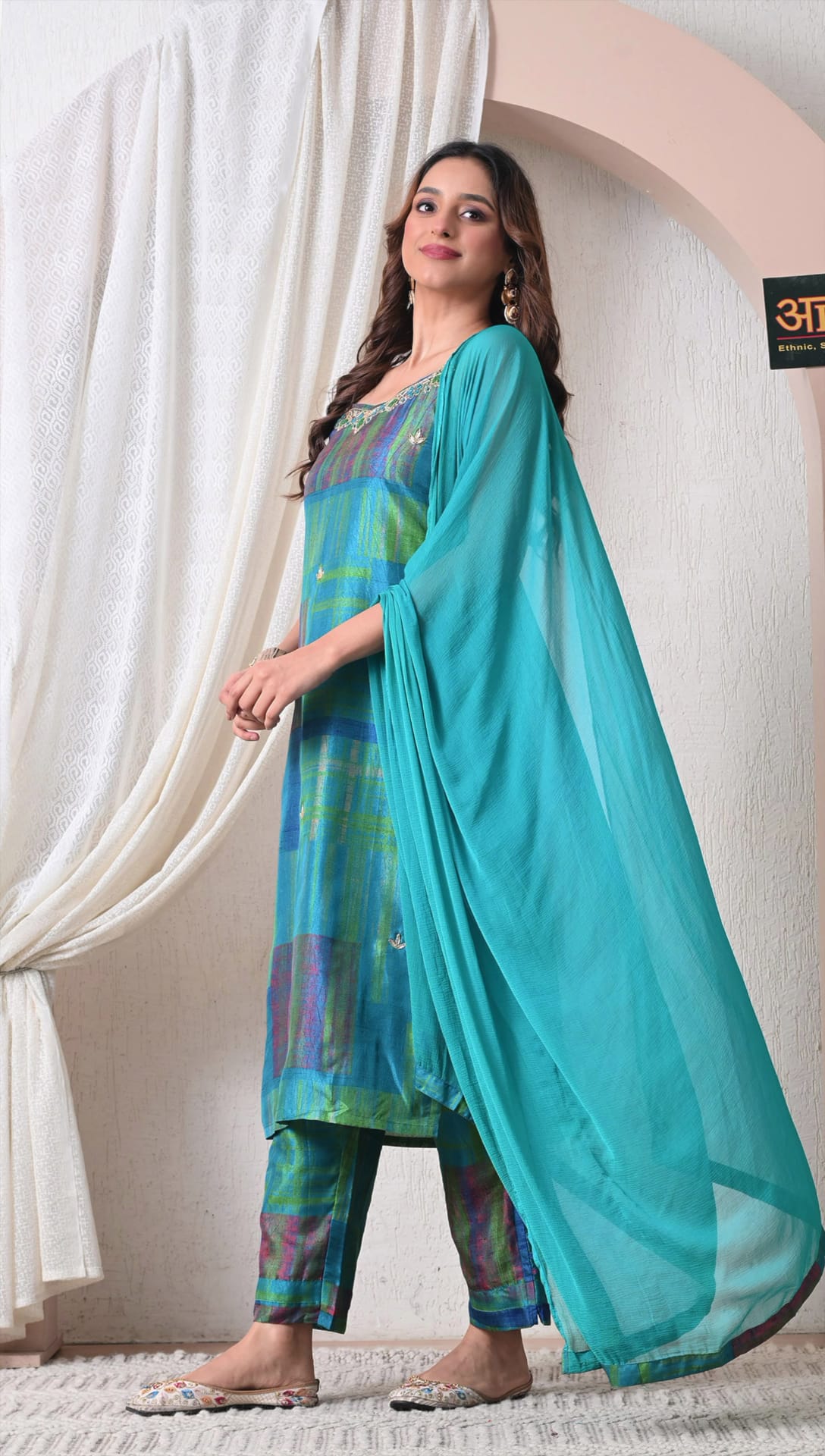 Advita Teal Blue Checked Muslin Silk Suit with Dupatta
