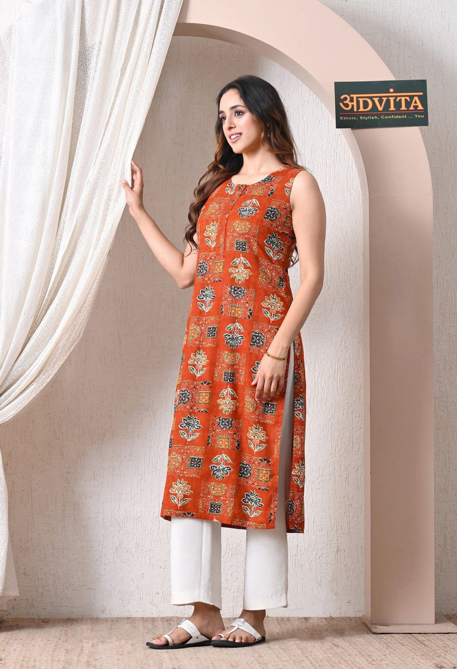 Advita Orange Ajrakh Block Print Straight Kurti for Women Alternate View