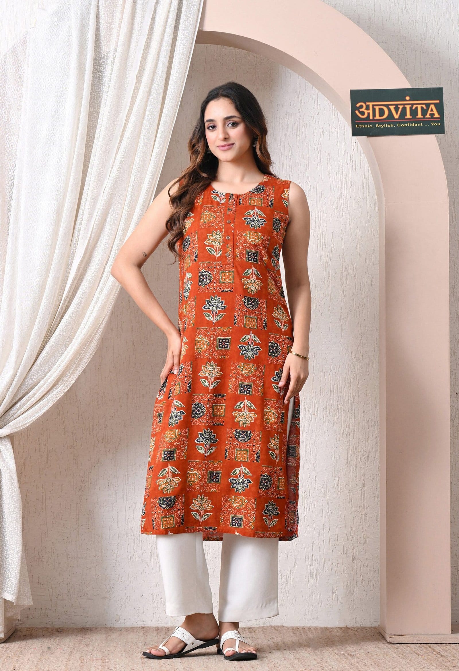 Advita Orange Ajrakh Block Print Straight Kurti for Women