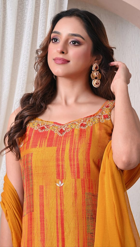 Advita Mustard Orange Checked Muslin Silk Suit for Women
