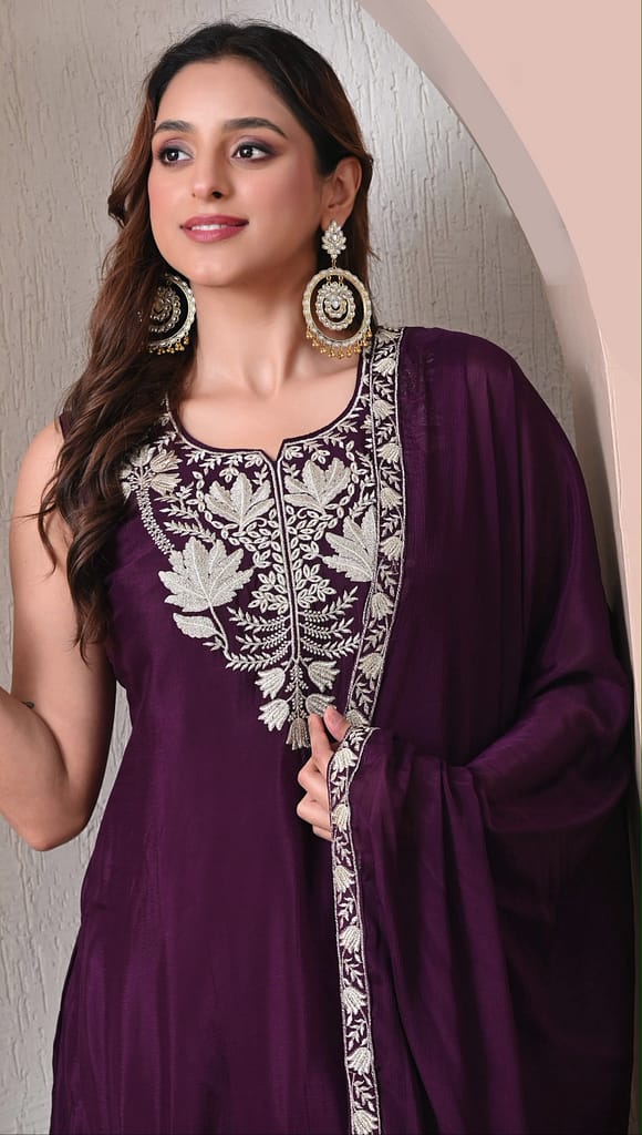 Advita Purple Chinon Embroidered Sharara Set for Women