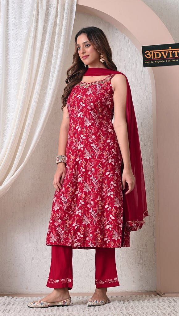 Advita Maroon Floral Printed Rayon Cotton Suit Set with Dupatta