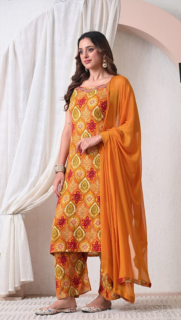Advita Mustard Yellow Printed Rayon Cotton 3 Piece Suit for Women