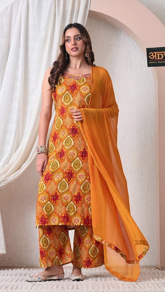 Advita Mustard Yellow Printed Rayon Cotton 3 Piece Suit for Women