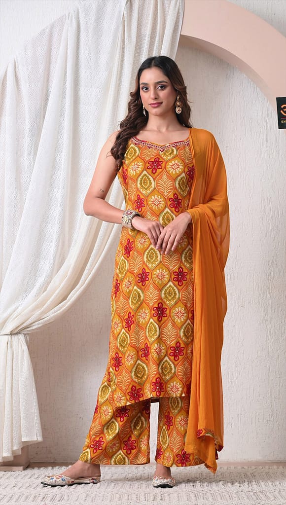 Advita Mustard Yellow Printed Rayon Cotton 3 Piece Suit for Women