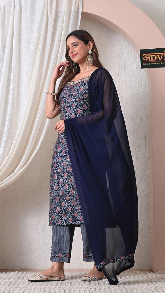 Advita Navy Blue Printed Rayon Cotton 3 Piece Suit Set for Women