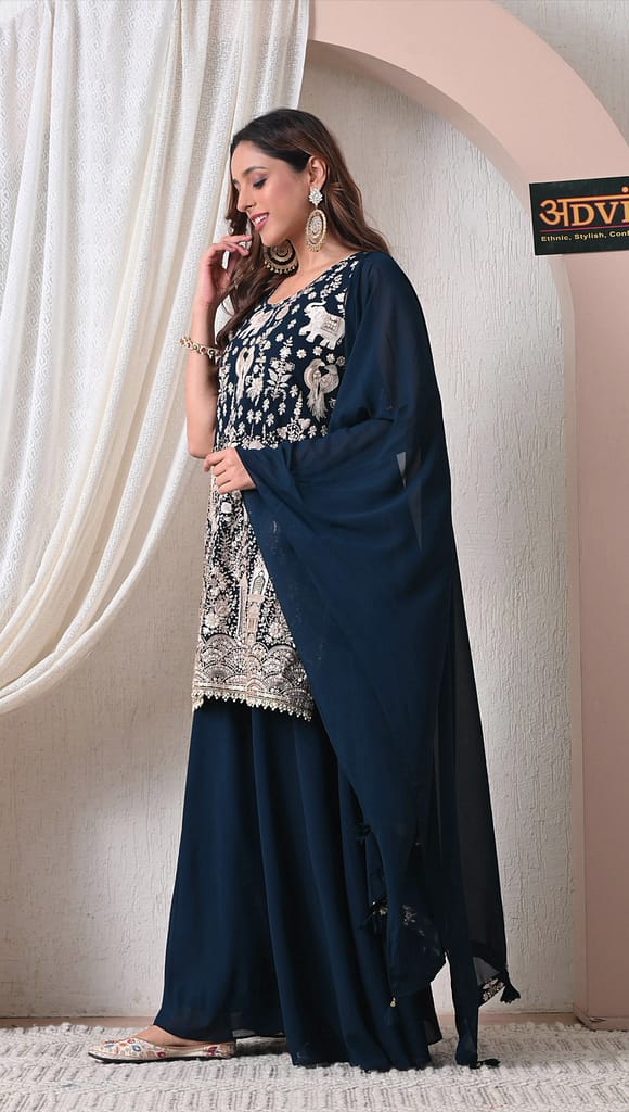 Advita Navy Blue Georgette Sharara Party Wear Set with Dupatta