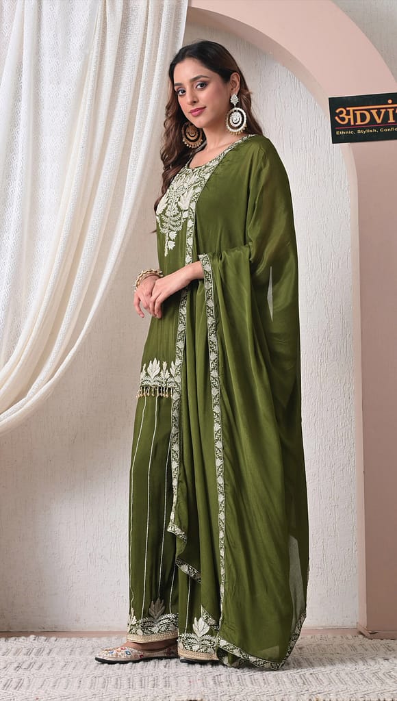 Advita Olive Green Chinon Party Wear Sharara Set for Women