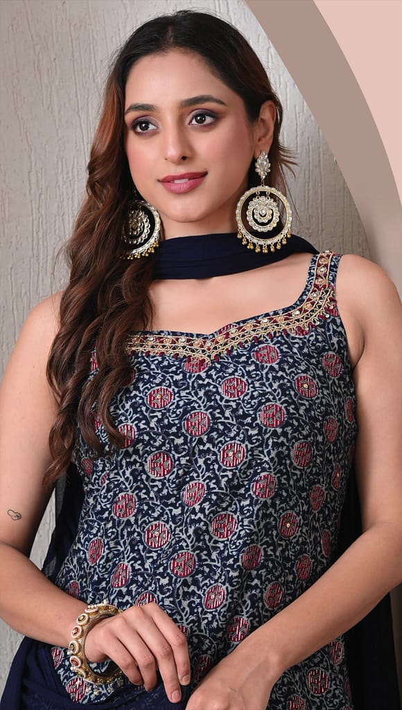 Advita Navy Blue Printed Rayon Cotton 3 Piece Suit Set for Women