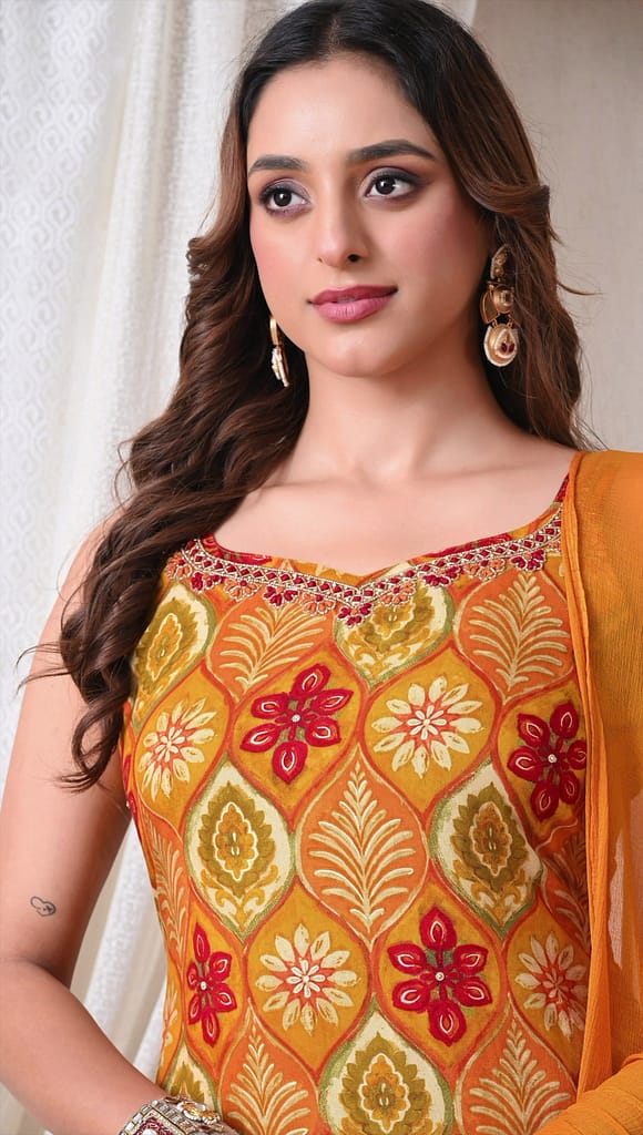 Advita Mustard Yellow Printed Rayon Cotton 3 Piece Suit for Women