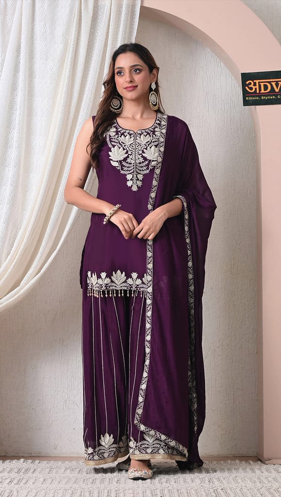Advita Purple Chinon Embroidered Sharara Set for Women