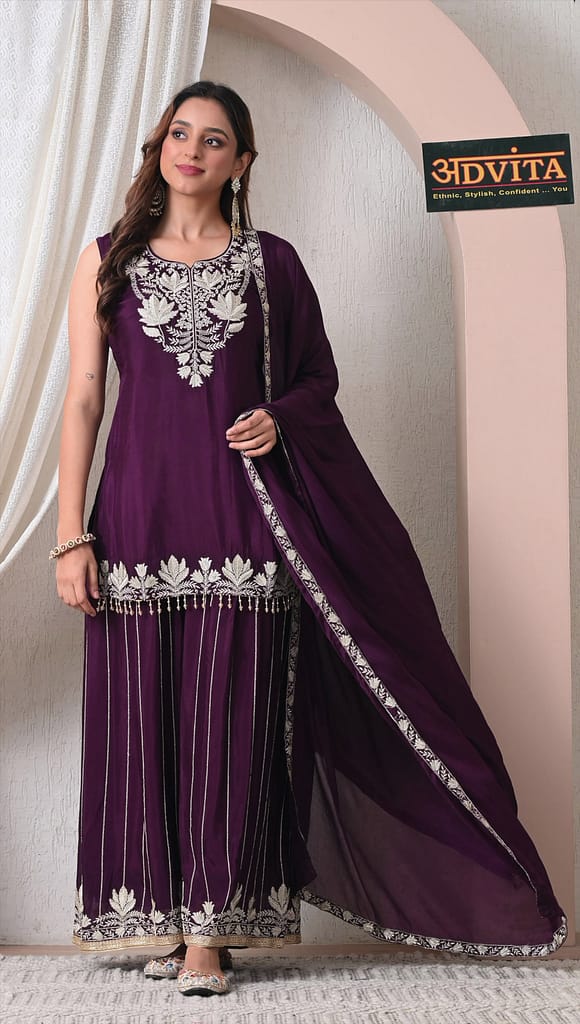 Advita Purple Chinon Embroidered Sharara Set for Women