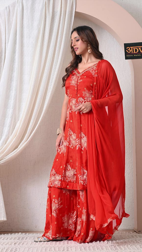 Advita Red Floral Printed Chinon Party Wear Sharara for Women