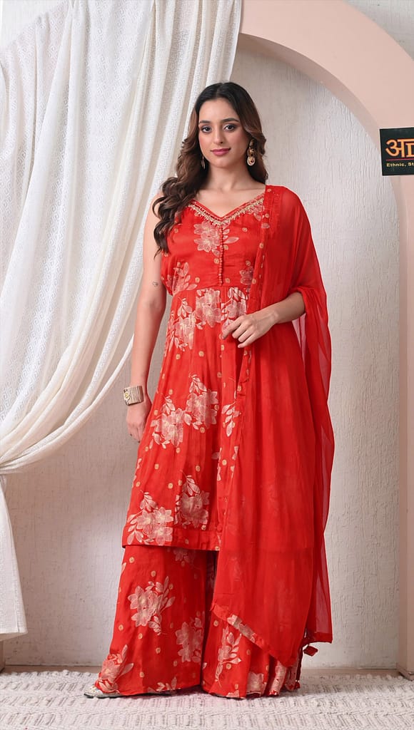 Advita Red Floral Printed Chinon Party Wear Sharara for Women