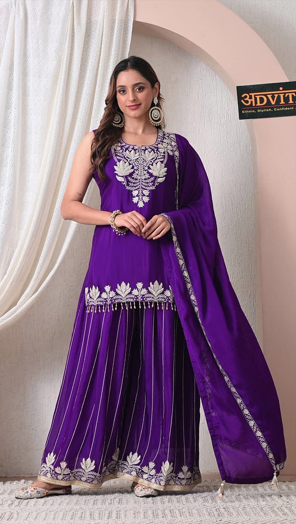 Advita Royal Purple Chinon Embroidered Sharara Set for Women