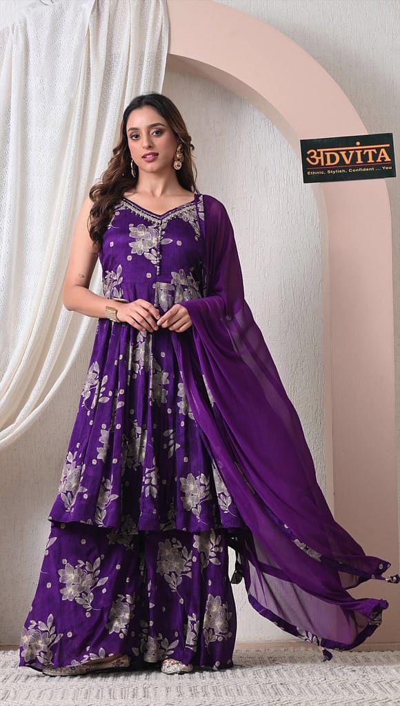 Advita Royal Purple Chinon Silk Party Wear Sharara Suit Set for Women
