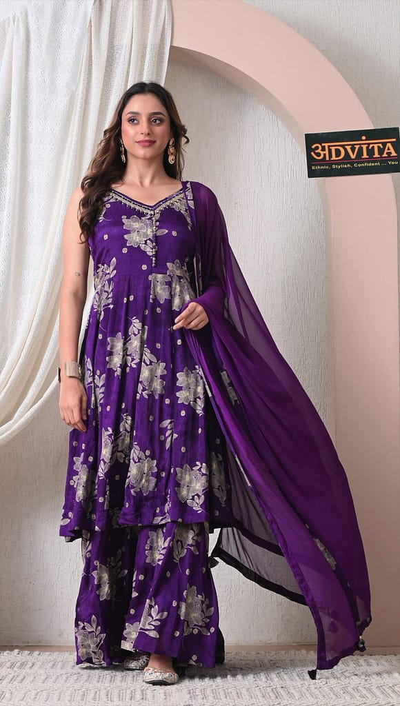Advita Royal Purple Chinon Silk Party Wear Sharara Suit Set for Women