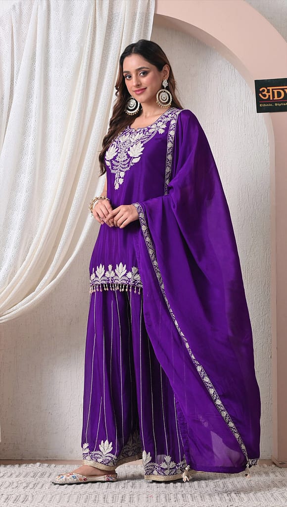 Advita Royal Purple Chinon Embroidered Sharara Set for Women