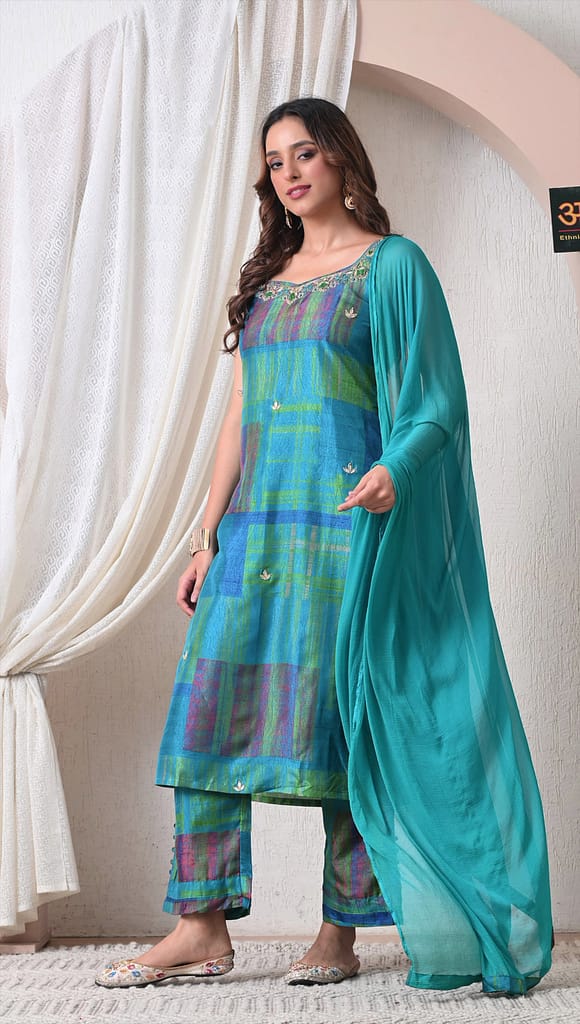 Advita Teal Blue Checked Muslin Silk Suit with Dupatta