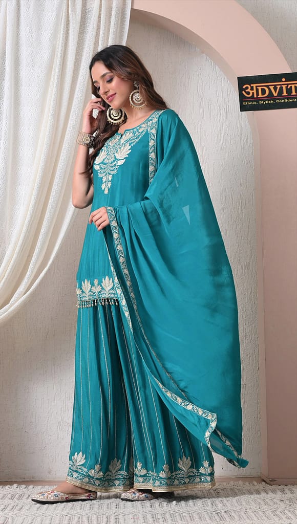 Advita Teal Green Chinon Party Wear Sharara Suit Set with Dupatta