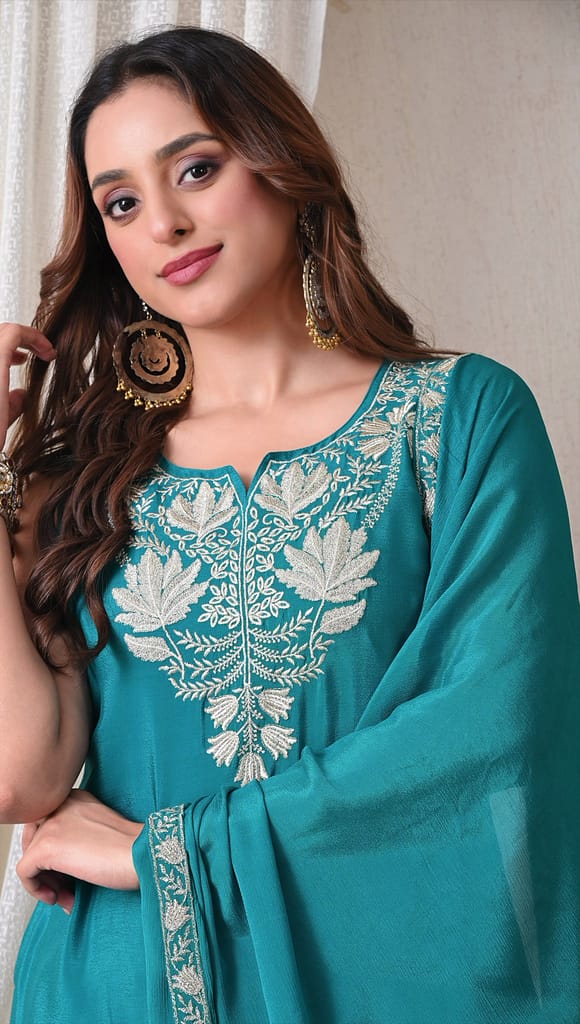 Advita Teal Green Chinon Party Wear Sharara Suit Set with Dupatta
