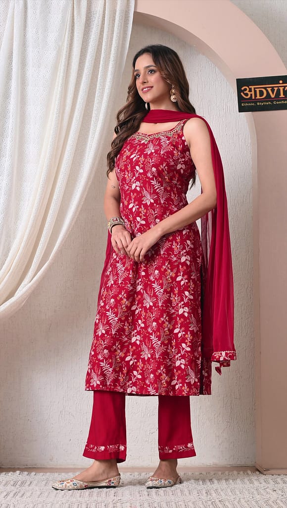 Advita Maroon Floral Printed Rayon Cotton Suit Set with Dupatta