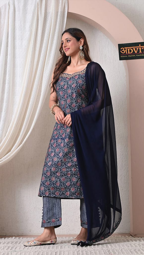 Advita Navy Blue Printed Rayon Cotton 3 Piece Suit Set for Women