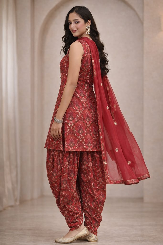 Advita Crimson Maroon Bandhani Print Dhoti Suit with Dupatta