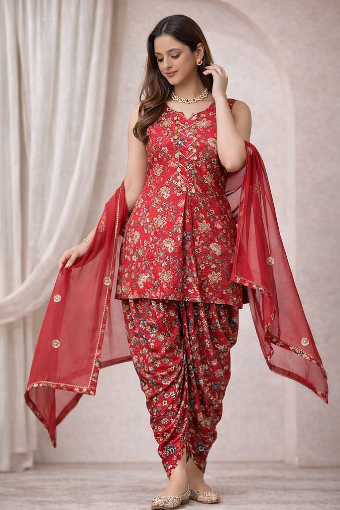 Advita Crimson Red Printed Dhoti Suit with Dupatta