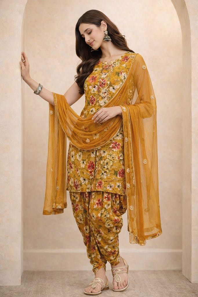 Advita Mustard Gold Floral Print Dhoti Suit with Dupatta