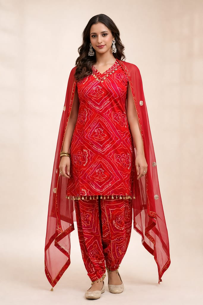 Advita Ruby Red Bandhani Print Dhoti Suit with Dupatta
