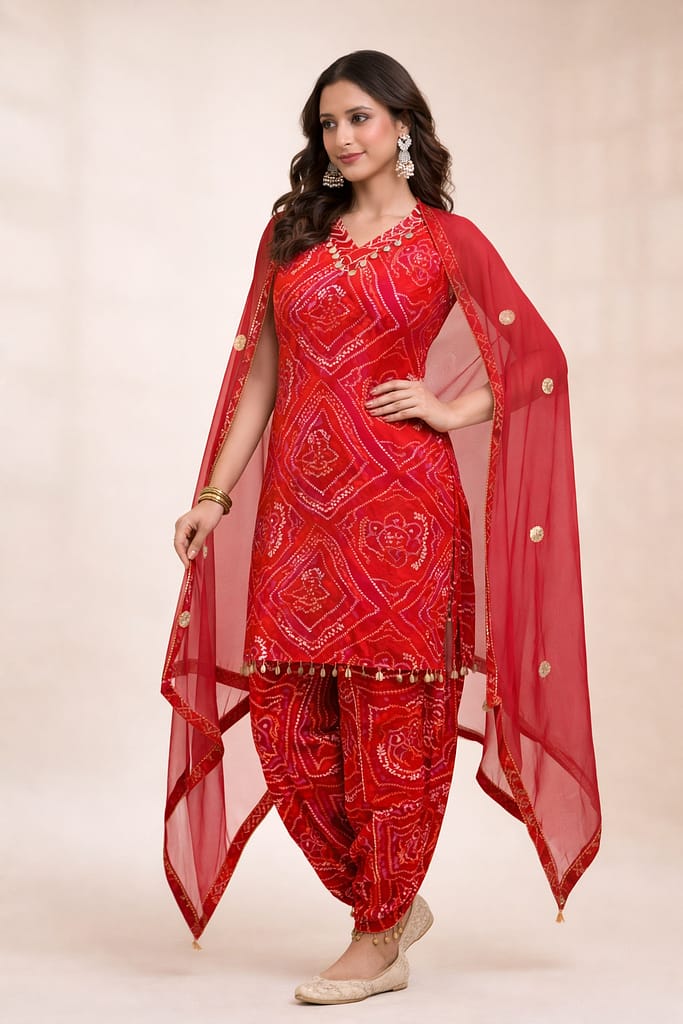 Advita Ruby Red Bandhani Print Dhoti Suit with Dupatta