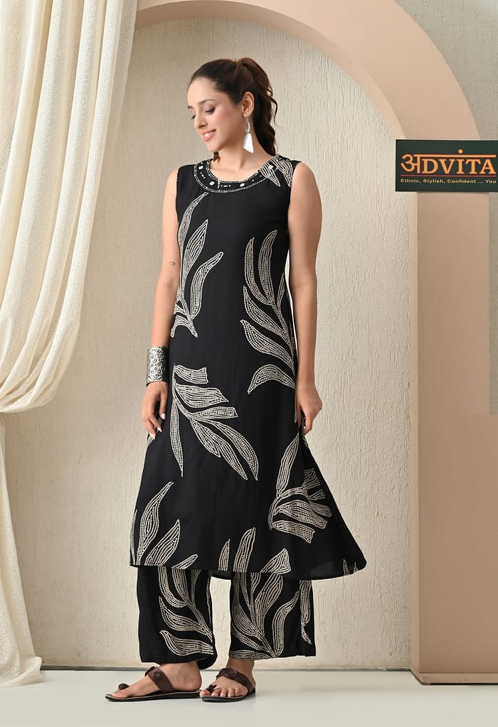 Advita Black & Purple A-Line Rayon Cotton Kurta Set for Women