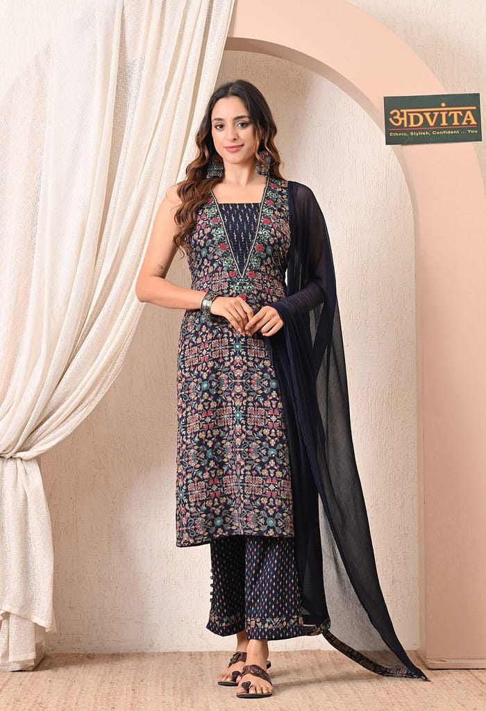 Advita Navy Blue Rayon Cotton Kurti Pant Dupatta 3-Piece Suit for Women