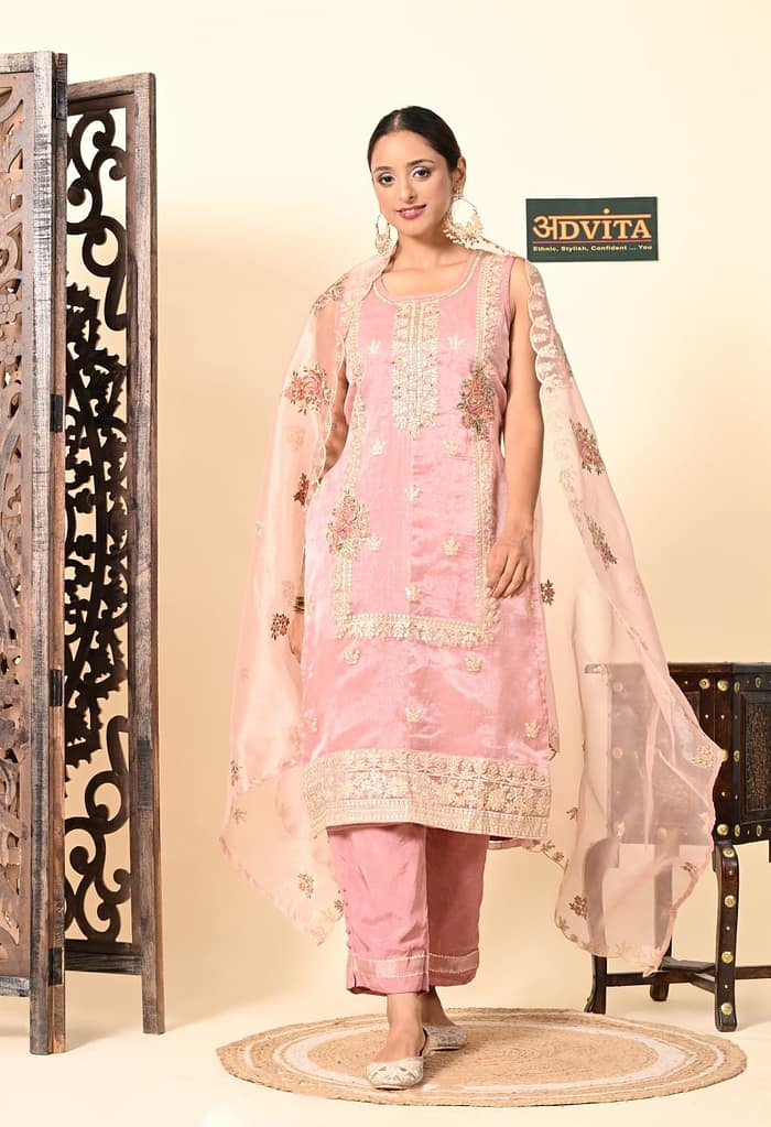 Advita Festive 3-Piece Suit for Women in Gajri Pink and Pista Green