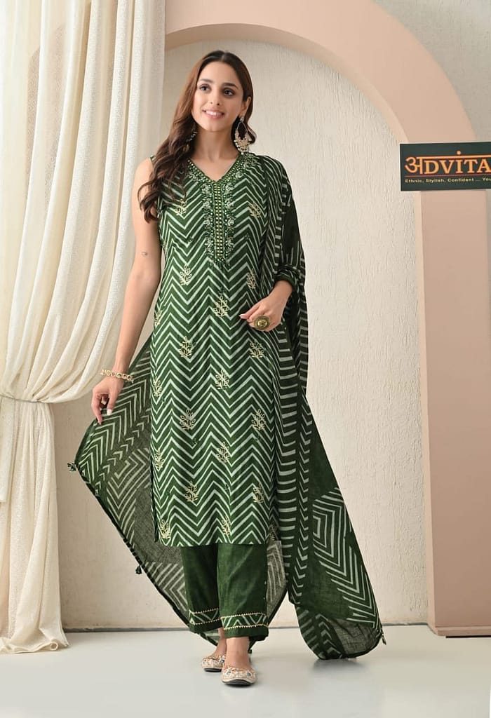 Advita Green Cotton Kurti Pant Dupatta Set for Women