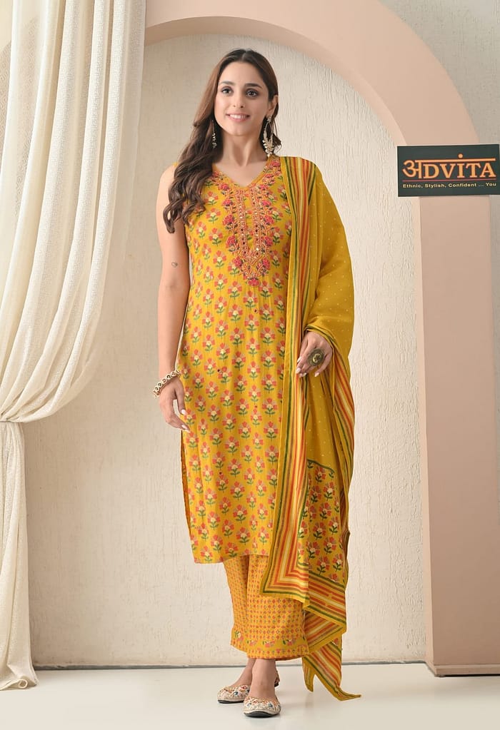 Women Mustard Yellow Kurti Pant Dupatta 3 Piece Set for Women