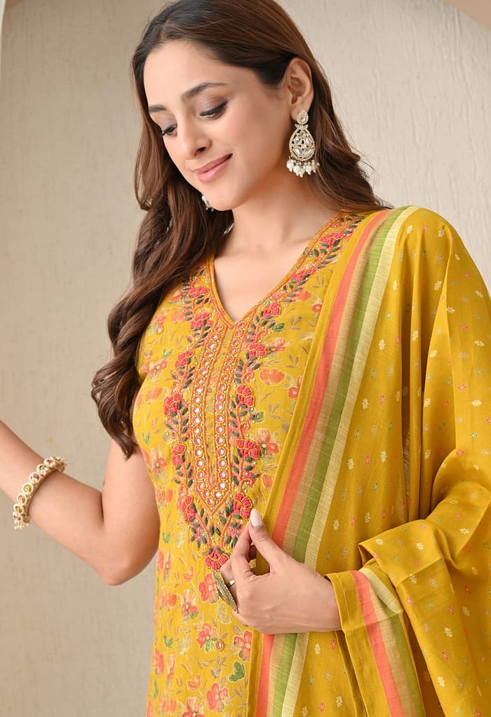 Women Mustard Yellow Kurti Pant Dupatta 3 Piece Set for Women