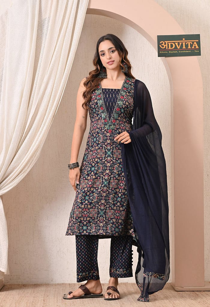 Advita Navy Blue Rayon Cotton Kurti Pant Dupatta 3-Piece Suit for Women