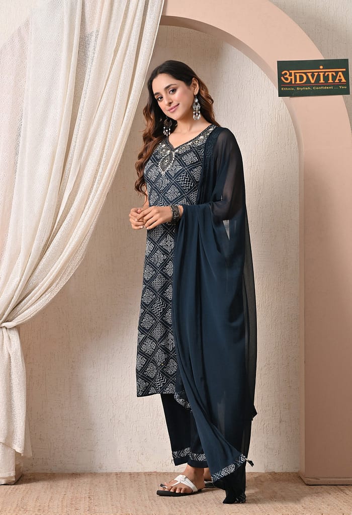 Advita Midnight Blue Gaji Silk 3 Piece Suit for Women