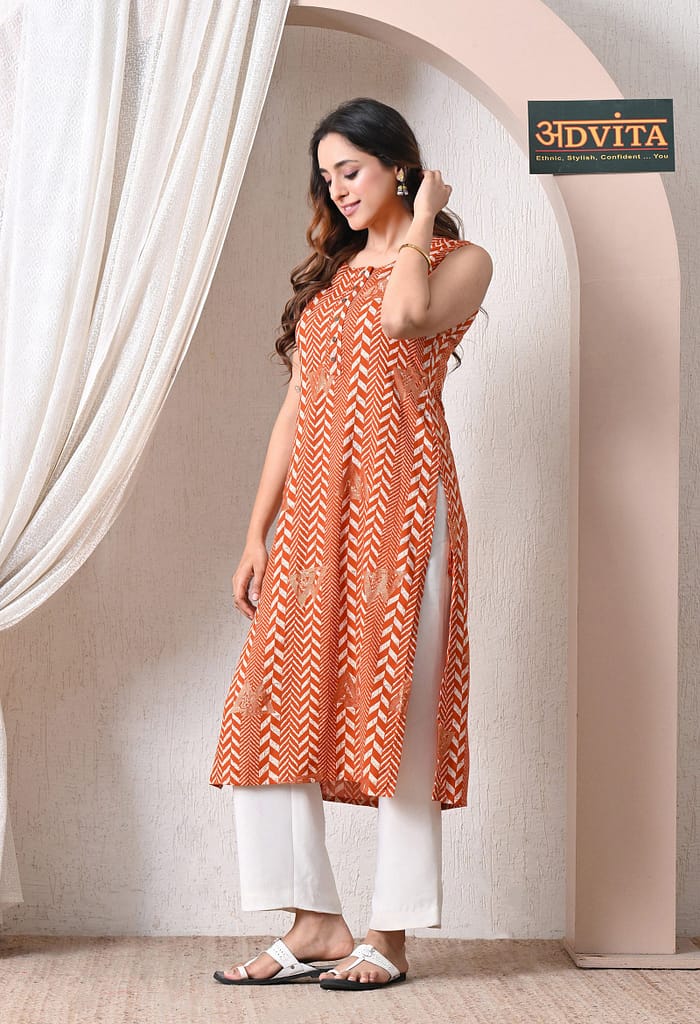 Advita Orange Printed Straight Kurti for Daily Wear Women