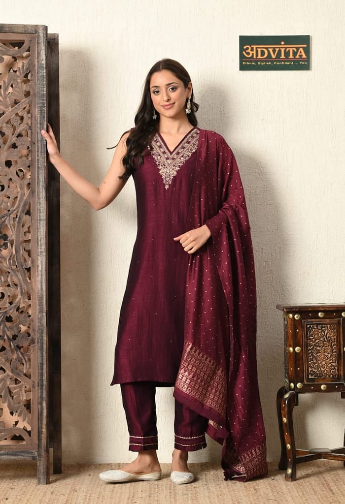 Advita Wine Party Wear 3 Piece Suit for Women with Dupatta