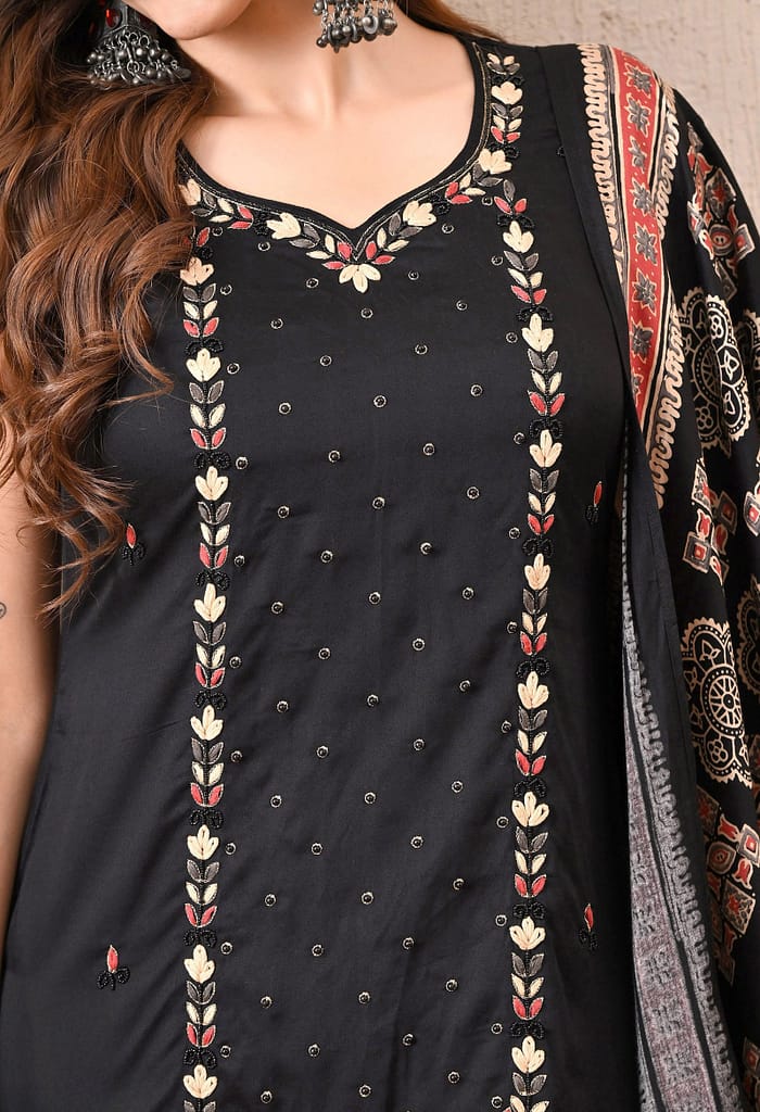 Advita Black Embroidery Gaji Silk 3-Piece Suit for Women