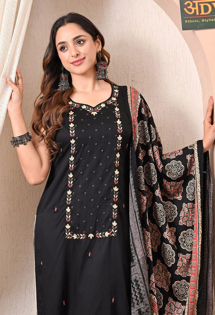 Advita Black Embroidery Gaji Silk 3-Piece Suit for Women