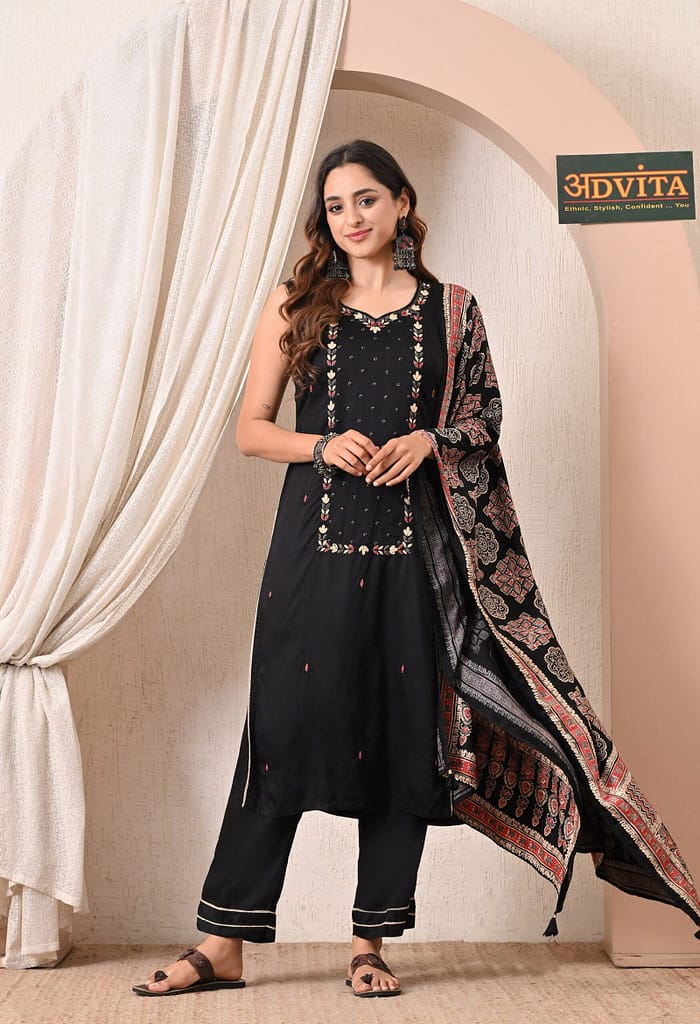 Advita Black Embroidery Gaji Silk 3-Piece Suit for Women