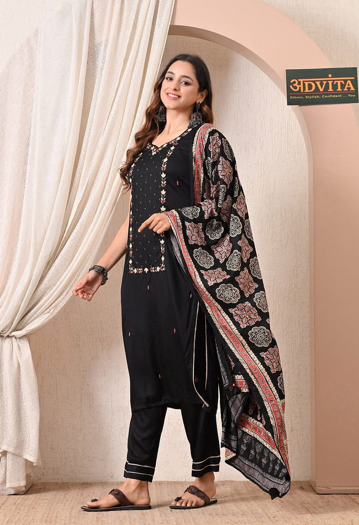 Advita Black Embroidery Gaji Silk 3-Piece Suit for Women