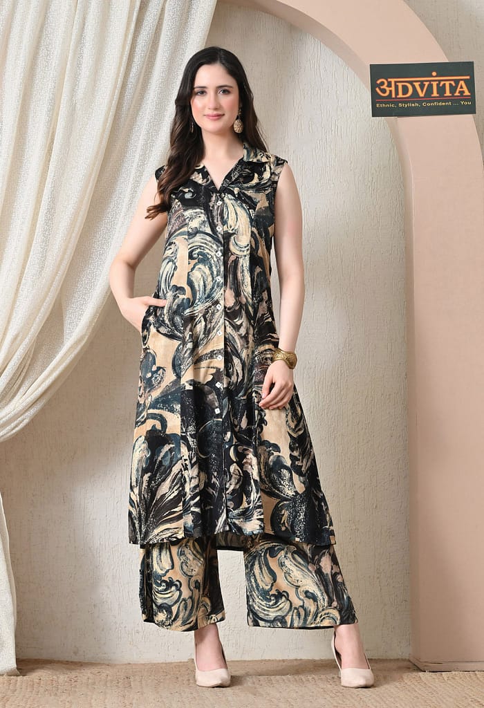 Advita Black Marble Print Gaji Silk Kurta Set with Palazzo for Women