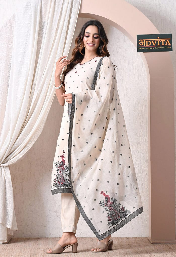 Advita Cream Jamdani Cotton 3-Piece Salwar Suit for Women